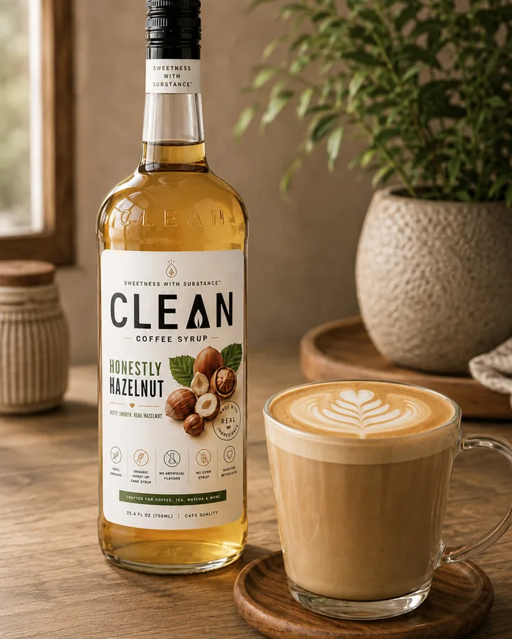 A café latte made with CLEAN syrup beside the bottle